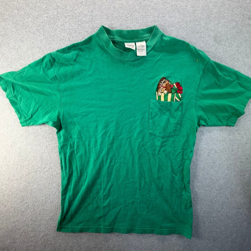 Vintage Disney Store Lady and the Tramp Christmas Pocket T-Shirt Green Large